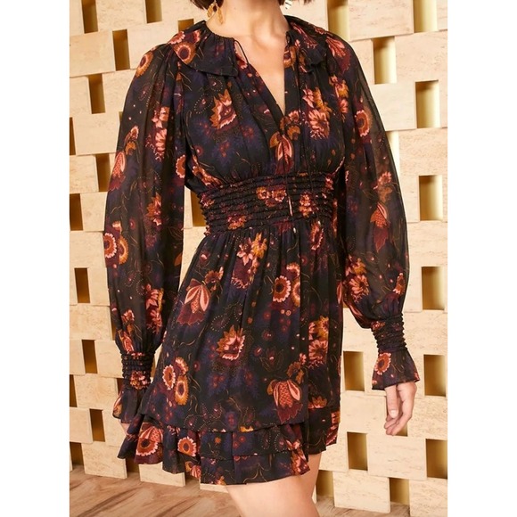 Ulla Johnson Adara Dress Womens 2 Black Orange Mini Floral Silk Smocked Party - Picture 1 of 8